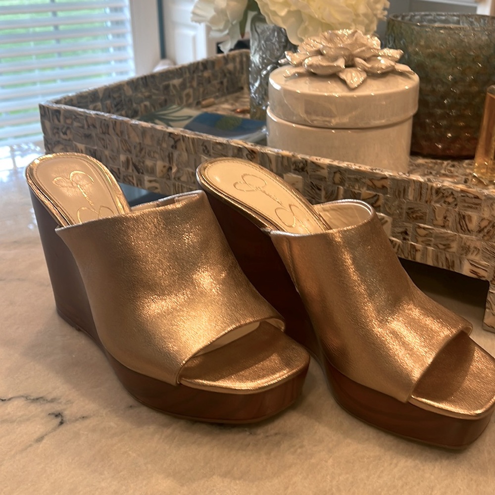 Jessica Simpson Gold Wedge Slides Size 8